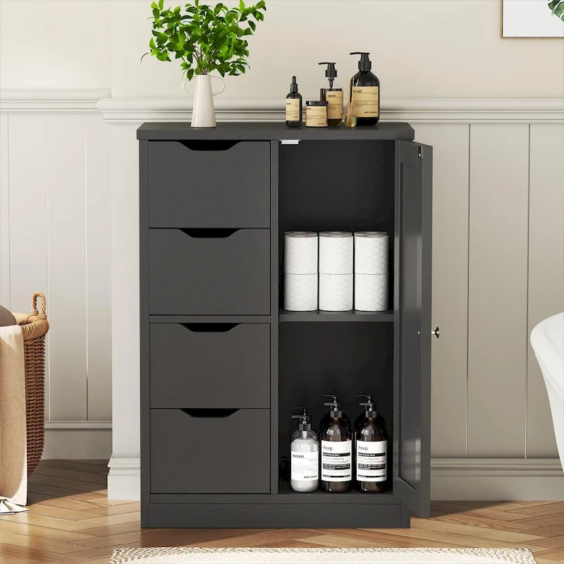 Futzca Bathroom Floor Storage Cabinet, Freestanding Pantry Cabinet with 4 Drawers and 1 Door