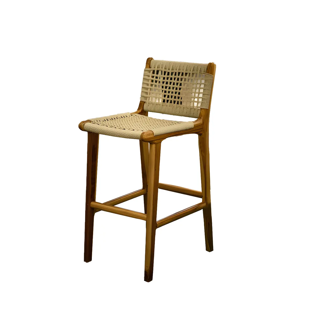 Rustic Reddish Brown Wooden Woven Bar Stool