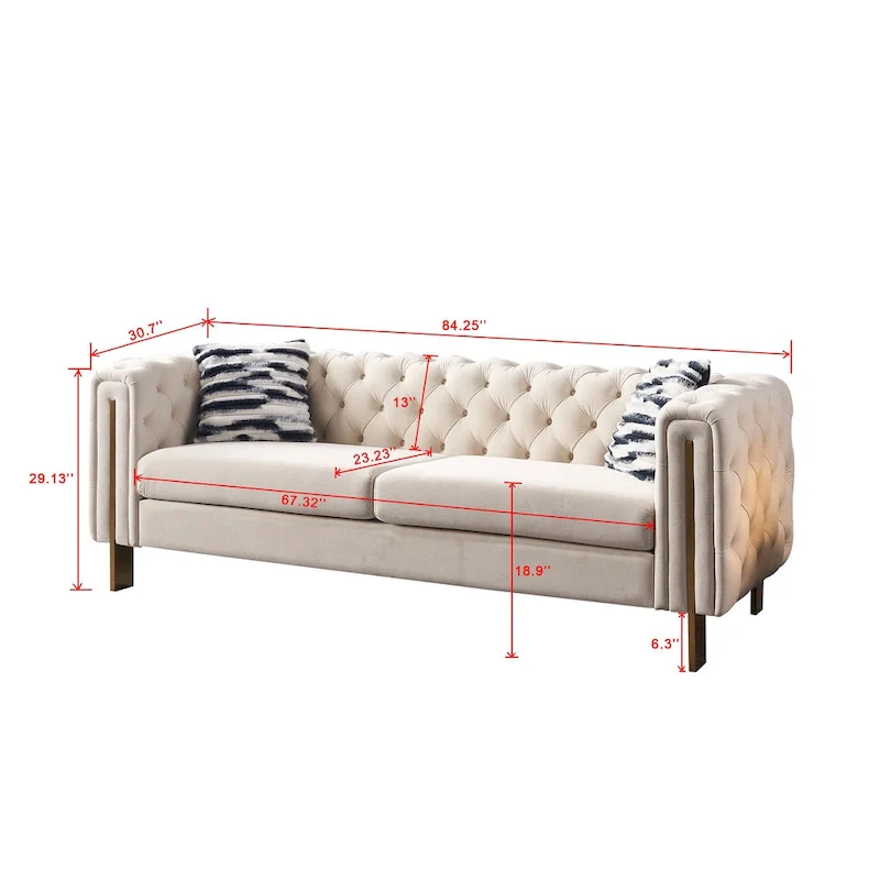 84.25  Velvet 3-Seater Sofa with Button Tufting, Gold Metal Legs, Pocket Spring And Foam Cushioning, 700 lb Capacity
