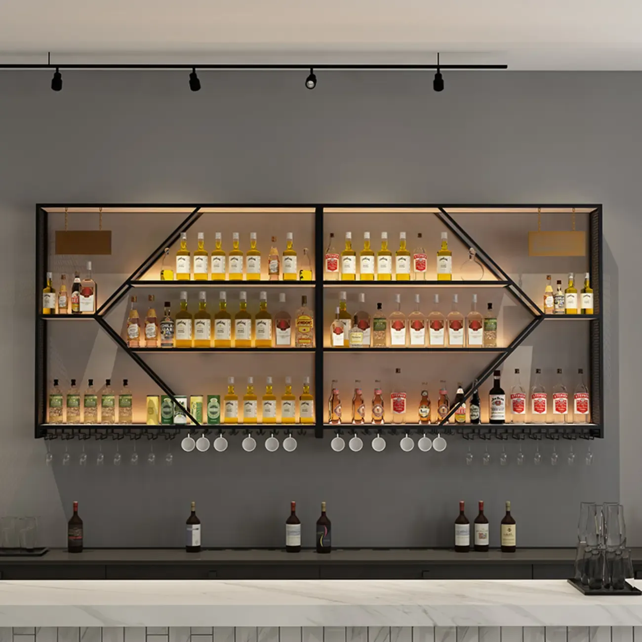 Iron Wine Bottle and Open Wine Glass Holder with Lighting