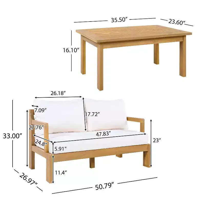 Christopher Knight Home Graziella Modern 2 Piece Patio Acacia Wood Loveseat Sofa and Coffee Table