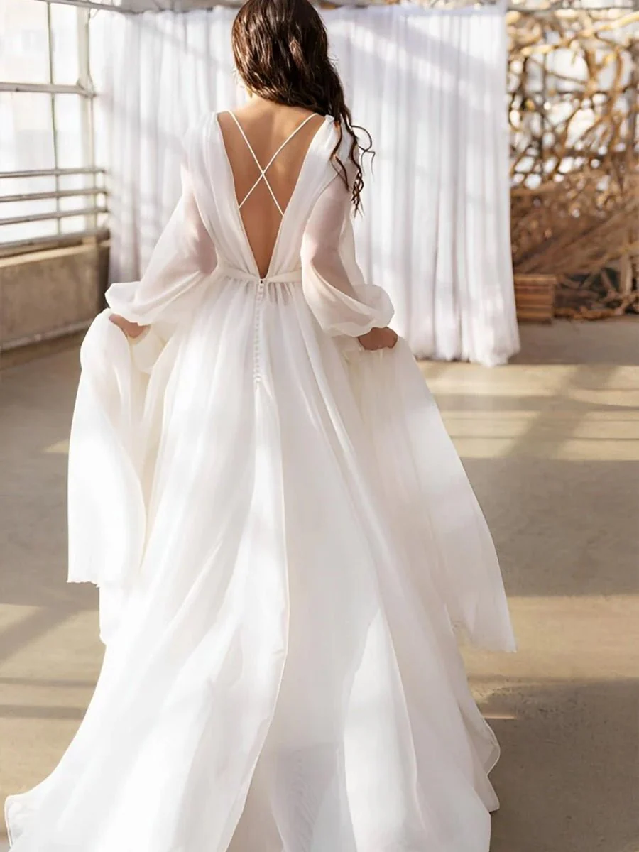 A-Line Illusion Neck Long Sleeves Sweep Train Organza Wedding Dresses