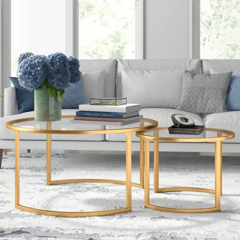 Set of 2 36 Glass And Steel Round Nested Coffee Tables - 36 x 36 x 18