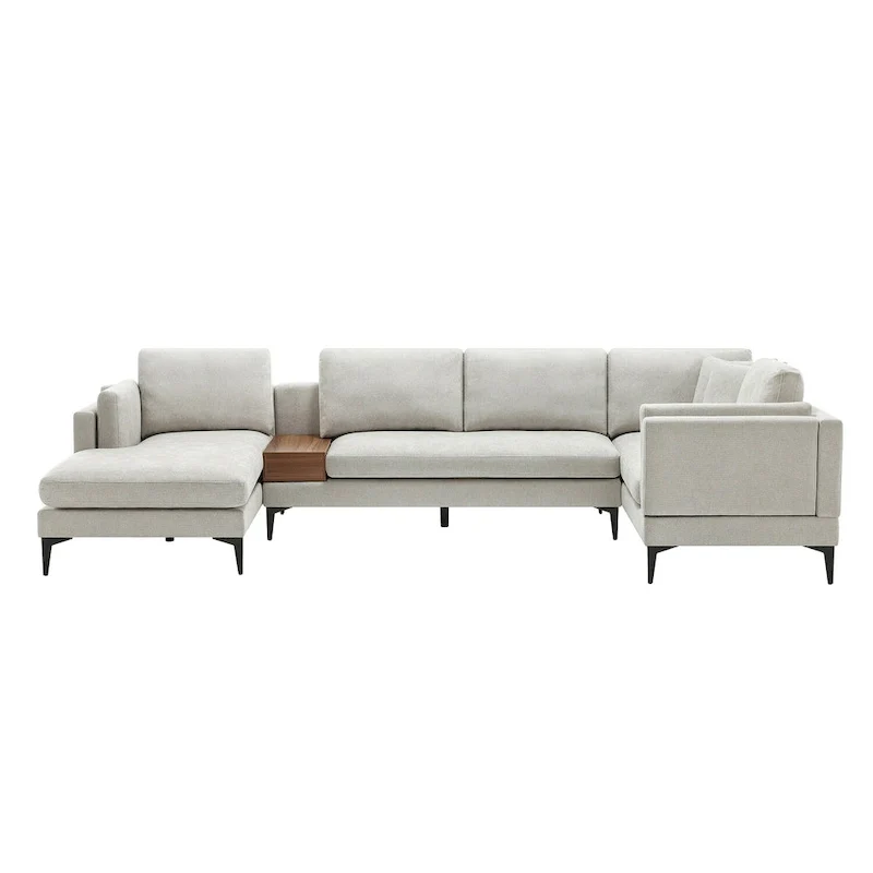 Modular U-shaped Linen Reversible Sofa with a Wooden Side Table Box and Reversible Design