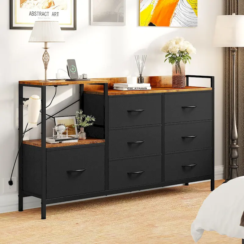 7-drawer Dresser Media Console with Charging Station, Shelves