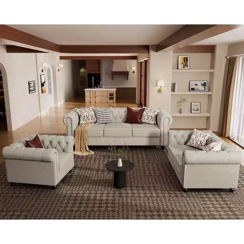 6 Seater 3pcs Linen Chesterfield Couches, Armchair Loveseat Sofa Set Tufted Couch for Living Room -Morden Fort
