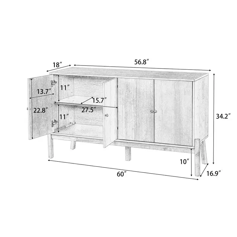 JVNOXK Four-door metal-handled vintage sideboard storage cabinet, MDF with acacia veneer, natural finish, suitable for dining rooms