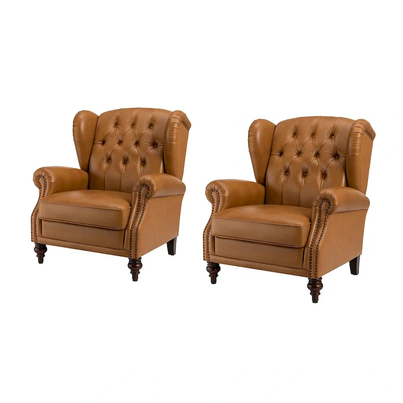Brown Genuine Leather Wingback Armchair with Nailhead Trim, Set of 2, 1-Person