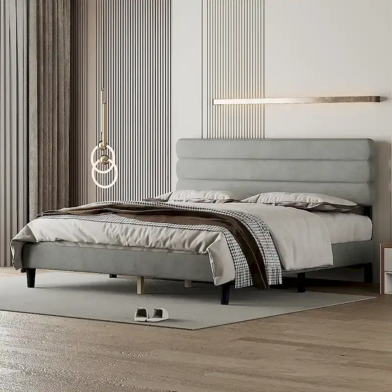 Light Grey / Dark Grey / Green Upholstered Platform Bed Frame with Headboard, Full Size, For 2