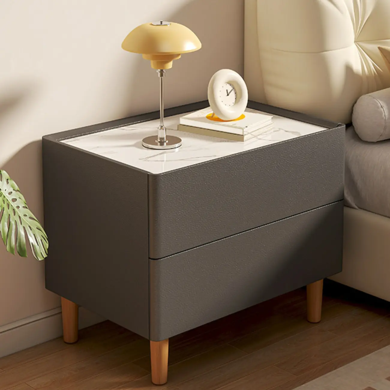 Modern White Sintered Stone Top Leather Drawers Nightstand