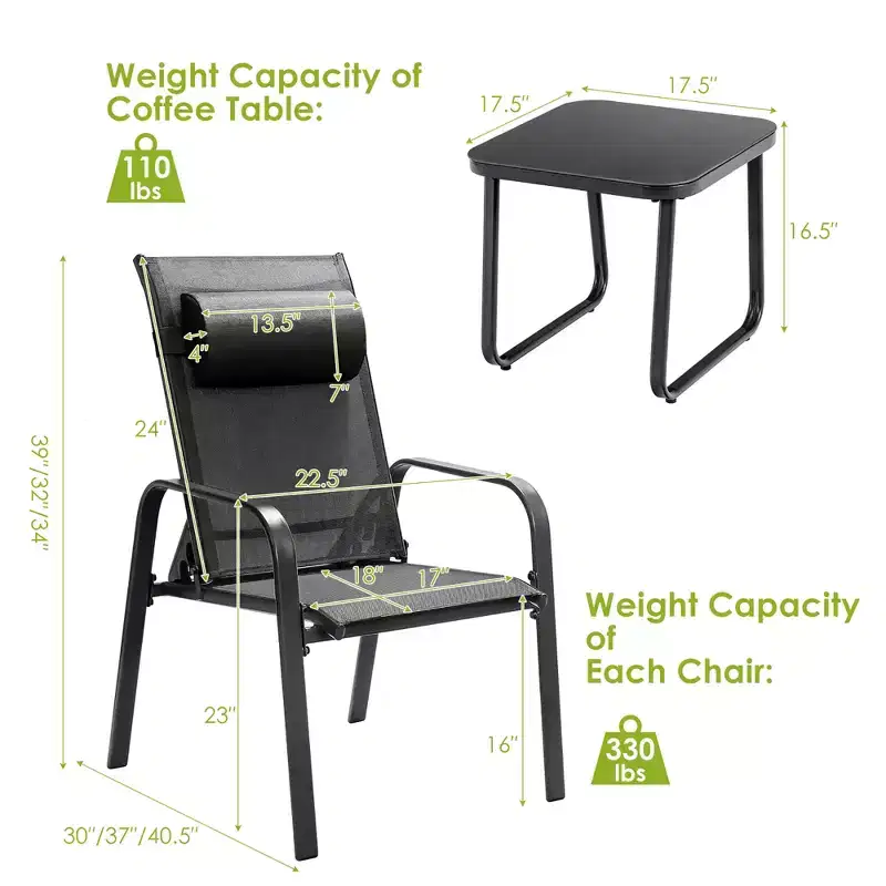 Costway 3PCS Patio Bistro Furniture Set Adjustable Back Stackable Chairs Brown\Black