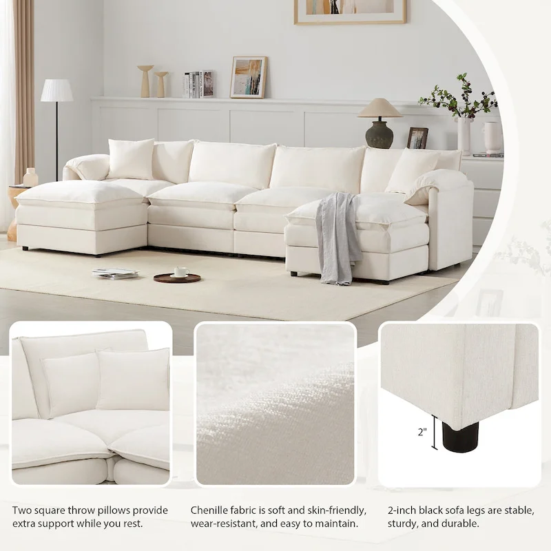 136  U-Shaped Chenille Cloud Sectional Sofa with Dual Ottomans
