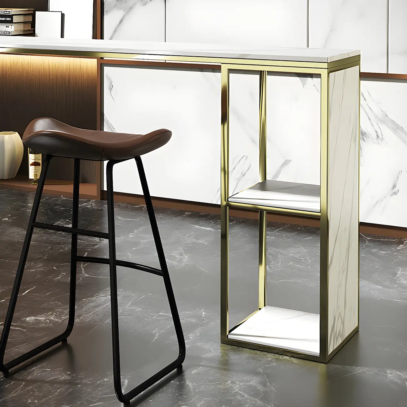 Modern White Faux Marble Iron Sled 2-Shelf Bar Tables