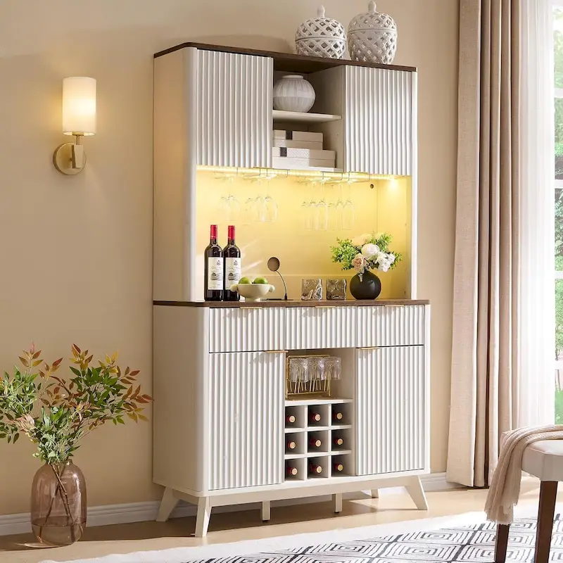 72 Wine Bar Cabinet, Modern Wood Coffee Bar Cabinet with LED Lights - N/A