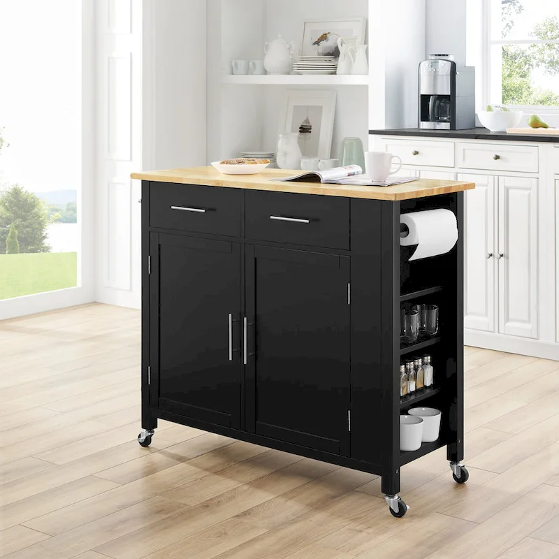 Rolling Kitchen Island Cart with Wood Countertop and Storage