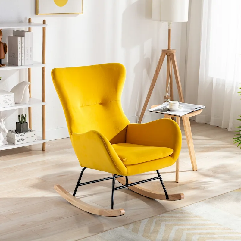 Yellow Modern 33.1 High Back Upholstered Rocking Chair with Rubber Wood Legs and Metal Frame