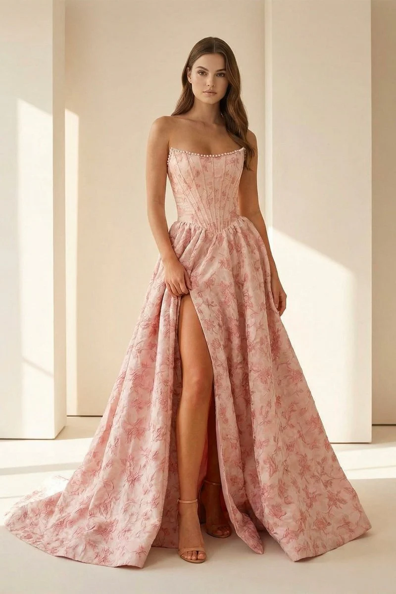 Pink A Line Strapless Jacquard Long Prom Dresses With Slit