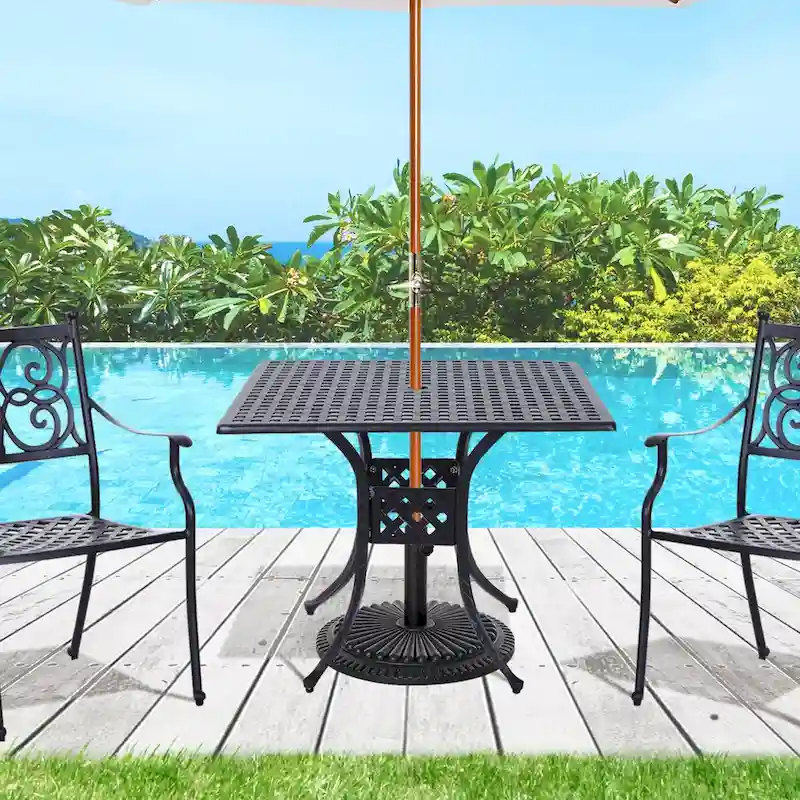 Patio Square Cast Aluminum Dining Table with 2  Dia Umbrella Hole, Outdoor Bistro Table