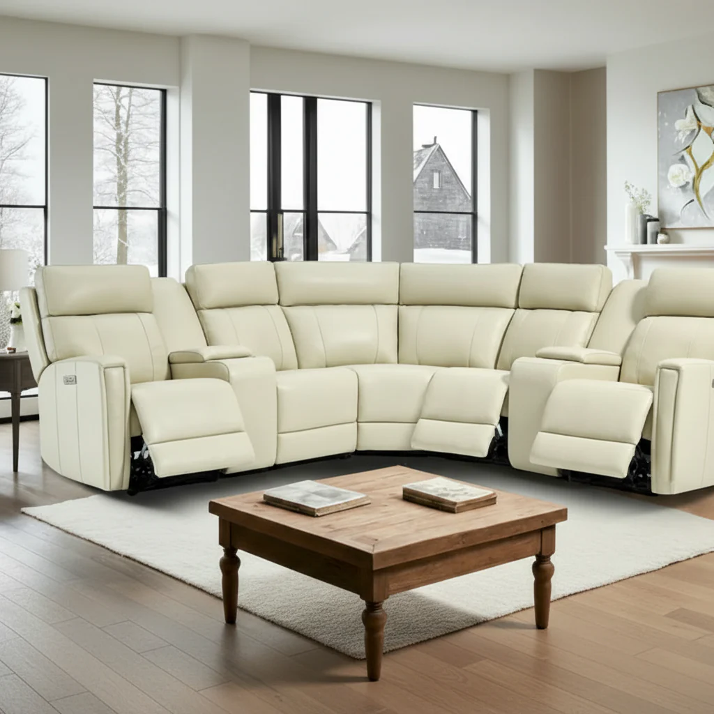 Genuine Leather Power Recliner Sectional Sofa with Ajustable Headrest, USB&USB-C Port