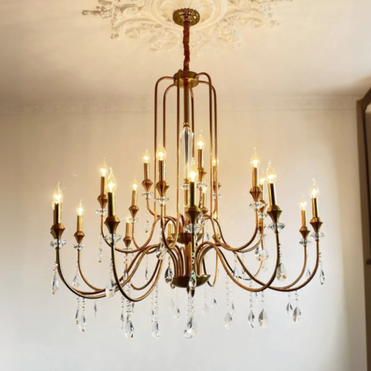 Metallic Alloy Hanging Gold Adjustable Crystal Chandelier
