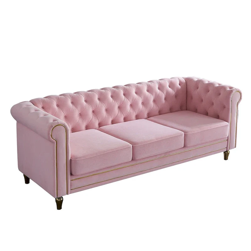 Green / Pink Velvet Chesterfield Sofa with Gold Trim & Button Tufting – 2-Seat