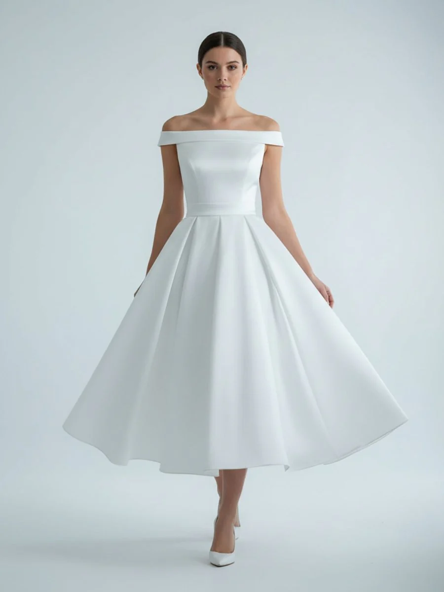 Sleeveless Tea-Length Satin Wedding Dress With Sash And Off-The-Shoulder Neck