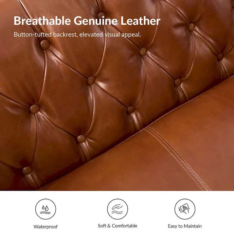 Eugne Transitional Genuine Leather Tufted Design Sofa with Solid Wood Legs by HULALA HOME