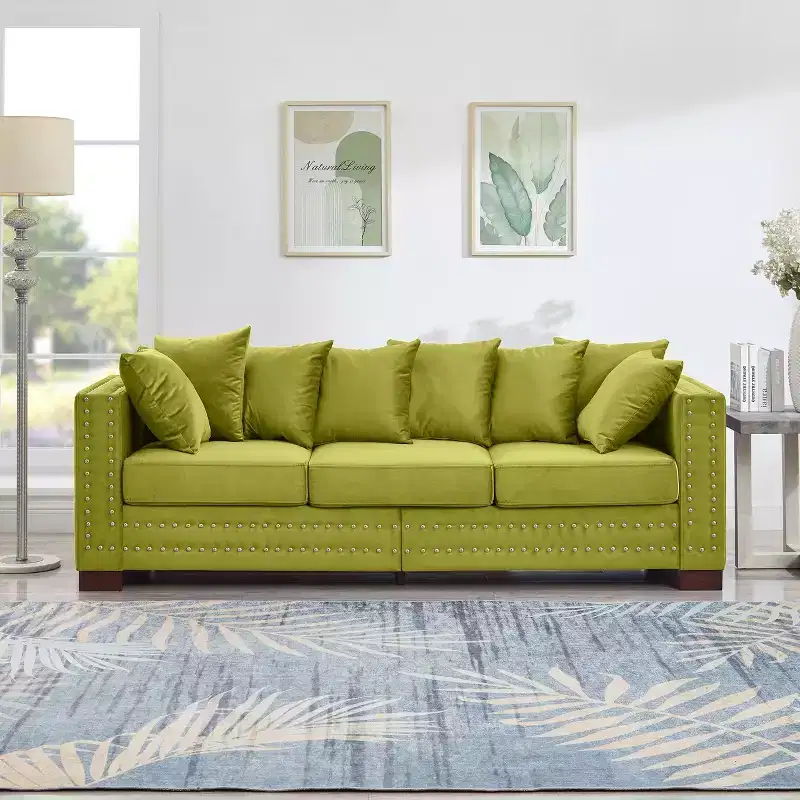 MAYEERTY 60.5 Modern Three Seaters Sofa with Silver Nails Square Armrest Upholstered Velvet for Living Room Green