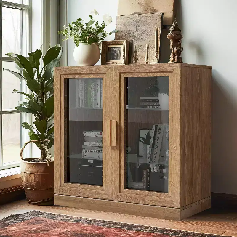 PexFix 31 Modern Wood Bookshelf Storage Cabinet with 2 Glass Door and Adjustable Shelf for Kitchen Bedroom Entryway Living Room Dinning Room Natural