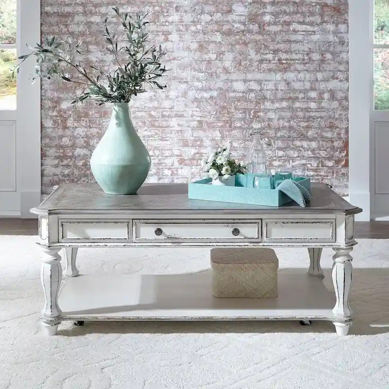 Antique White Rectangular Cocktail Table — Living Room Coffee Table