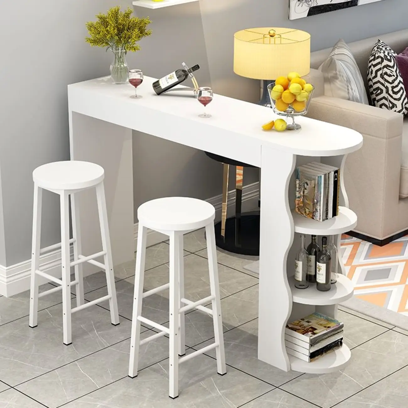 Modern Black-White Wooden Asymmetrical Shelves Bar Tables