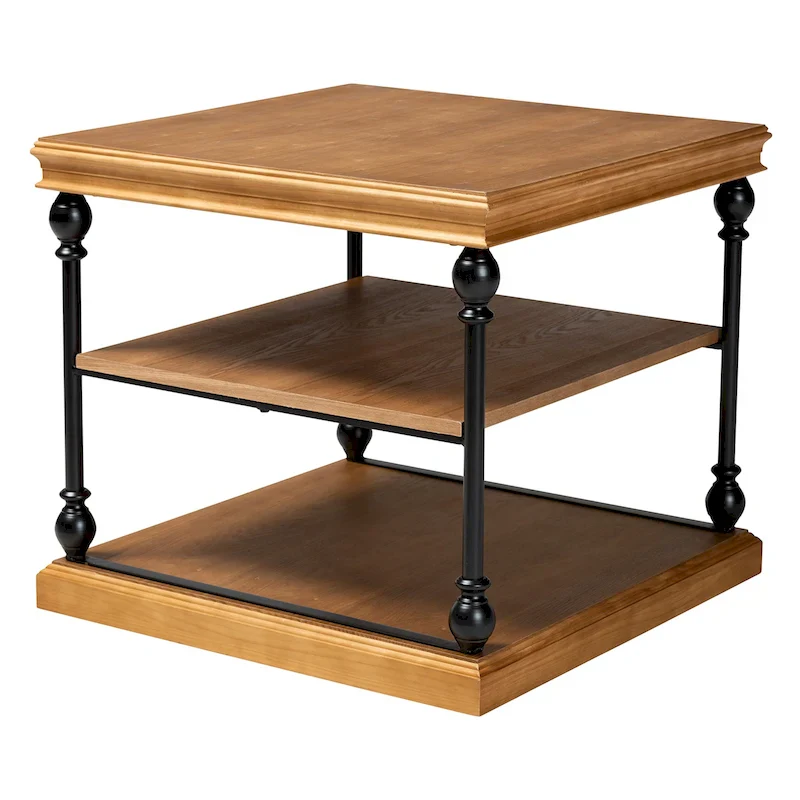 Sebastian Traditional Industrial Wood and Black Metal 3-Tier End Table