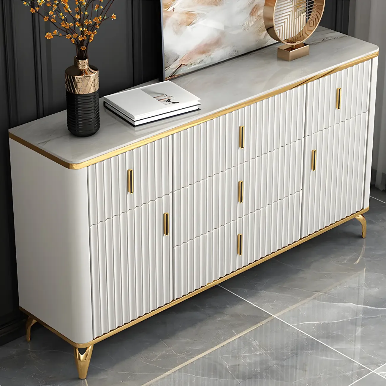 Elegant Gray Wooden Dressers & Chests with Gold Handles