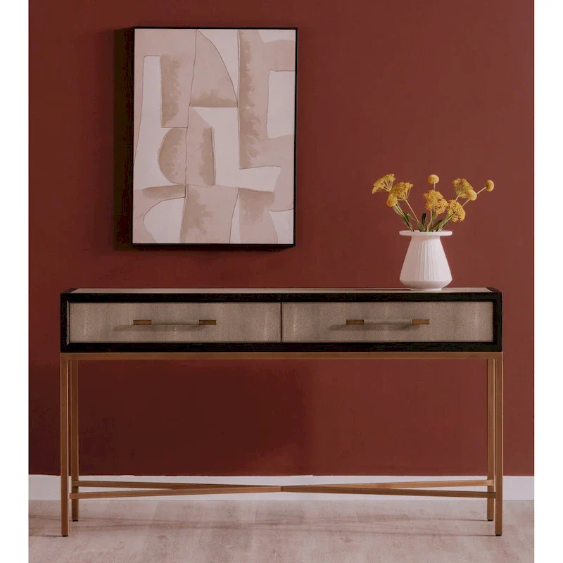 Macari Miki Art Deco Solid Wood AndVegan Leather Shagreen With Brass Accents Console Table - 59W x 16D x 32.3H
