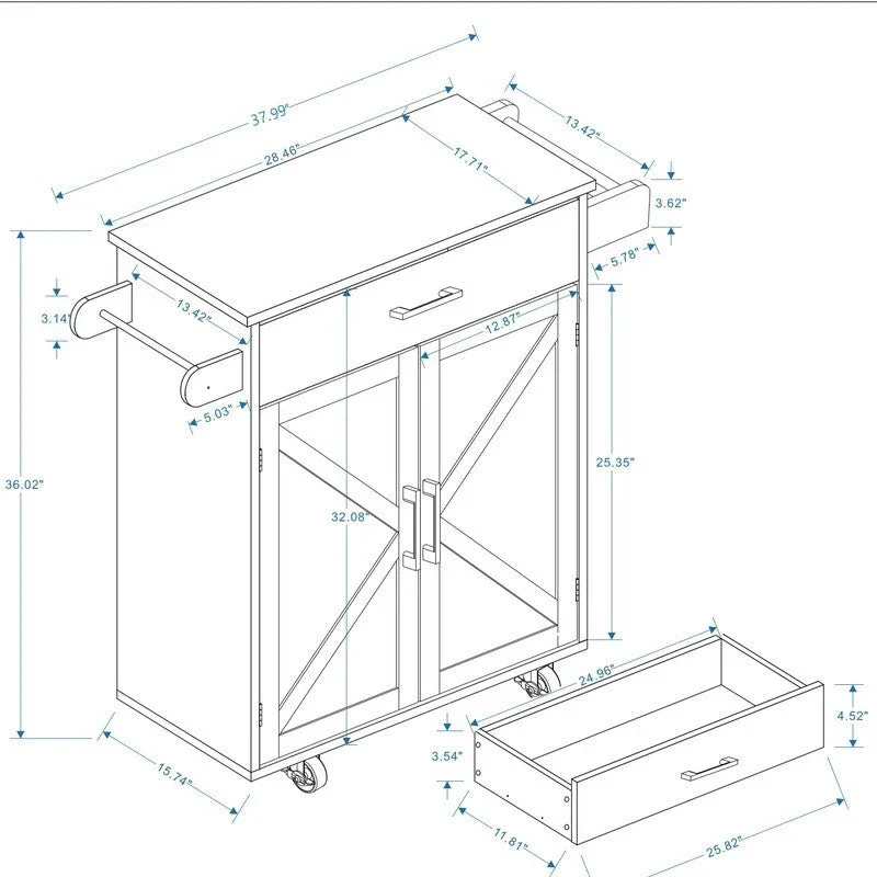 Kitchen Island Rolling Trolley Cart with Adjustable Shelves & Rubber Wood table top