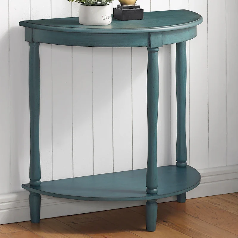 Antique Light Green French Country Half-Moon Entryway Console Table with Lower Shelf - Single Use