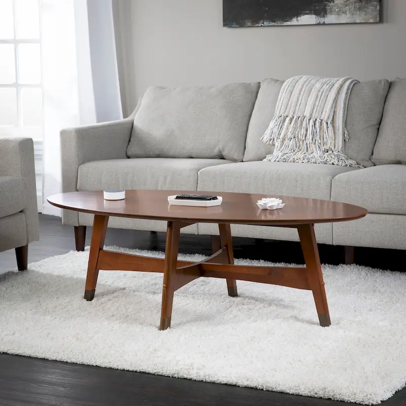 Brown/Black/White/Grey Oval Coffee Table, X-Frame, Metal-Capped Legs, 1-Person Assembly