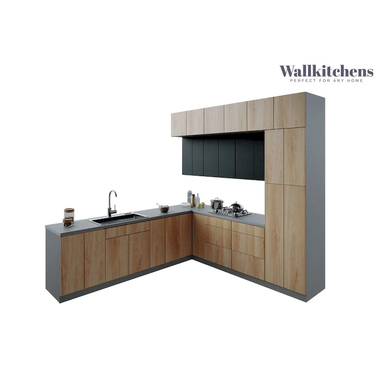 9Ft Wide Modern Kitchen Cabinet Set – Natural Teak & Black, Soft-Close, E1 Chipboard, 108x24
