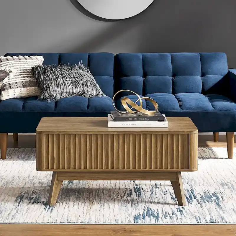 Natural Walnut / Golden Oak / Black Oak Art Deco Fluted Panel Lift Top Coffee Table with Hidden Storage - Single Use