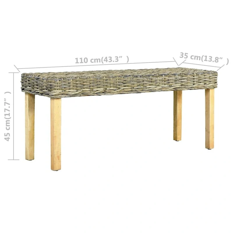 Natural Kubu Rattan Bench - Brown - Solid Mango Wood Legs
