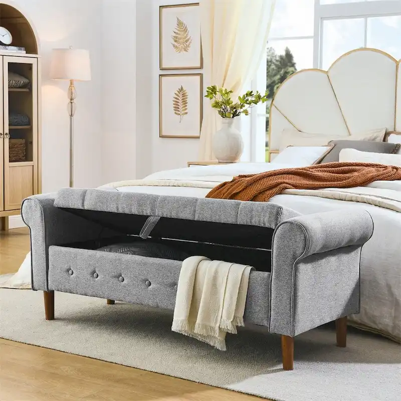 62 Bedroom Tufted Button Storage Bench, Linen Upholstered Ottoman