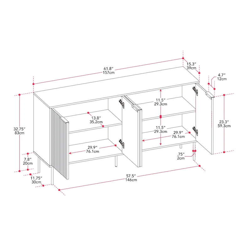 Alexander Fluted Sideboard Cabinet Buffet - 62