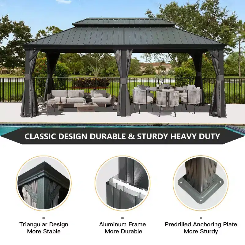 Clihome 12'x 20' Hardtop Gazebo Grey - Aluminum Frame Double Roof with Curtains & Netting