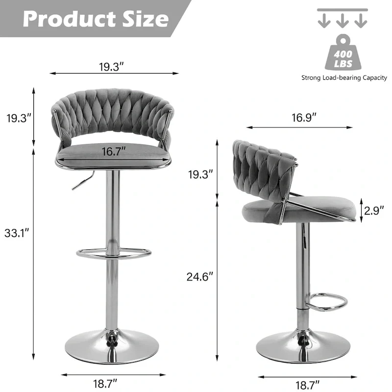 Set of 2 Bar Stool Adjustable Height with Swivel Seat