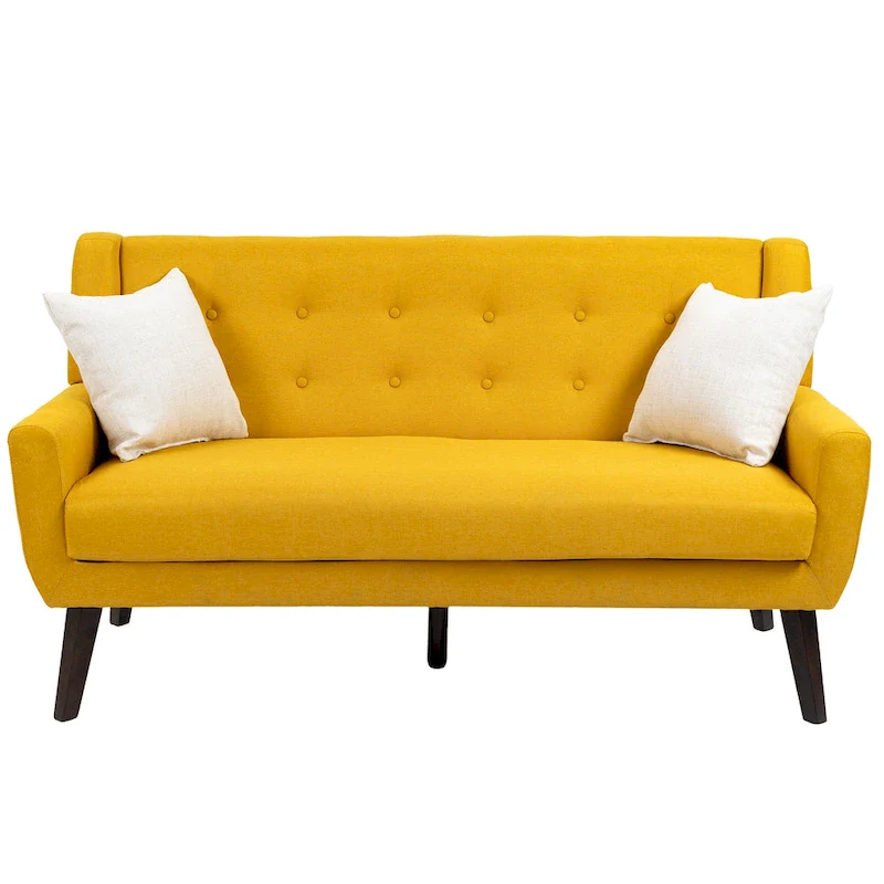 Tufted Linen/Cotton 2-Seater Sofa with Pillows