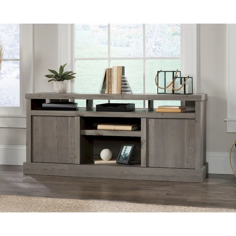 TV Credenza with Herringbone Doors & Adjustable Shelves – Mystic Oak / Sindoori Mango, Modern Style