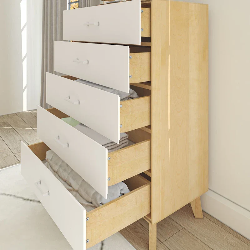 White & Natural 5-Drawer Solid Wood Dresser – Single