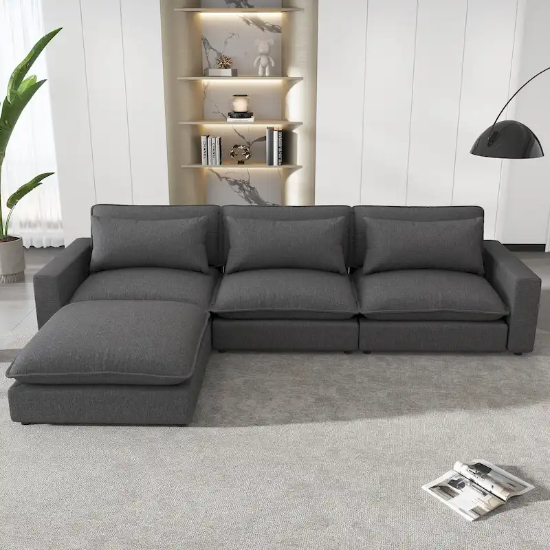 128-Inch Chenille Sectional Sofa with Ottoman and USB Ports