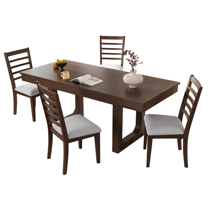 5 Piece Extendable Dining Table Set, Farmhouse Extendable Table with 18 Move Leaf