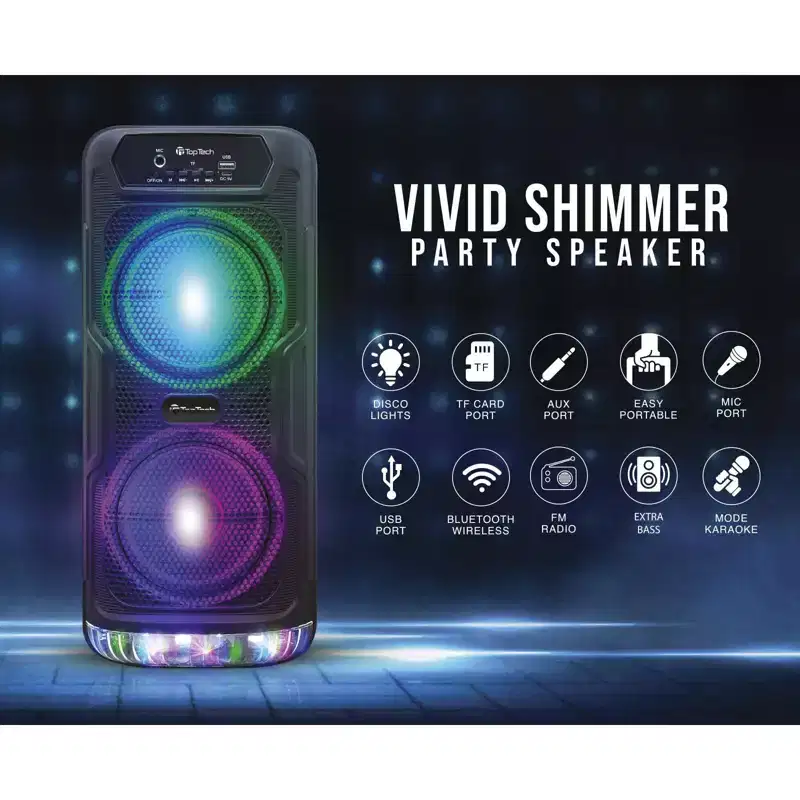 TOPTECH JET-33, 2x6.5 Bluetooth Speaker with Disco Lights, Wireless Microphone